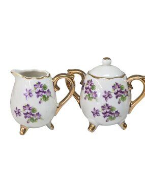 Vintage Enesco Japanese Creamer & Sugar Set Purple Floral Gold Trim Footed 3.5"